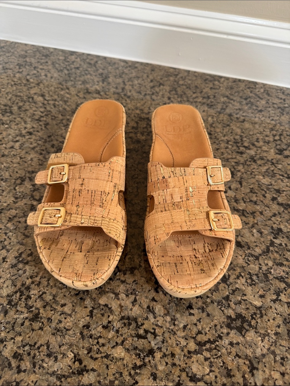Careena Cork Slide Sandals with Gold Buckles